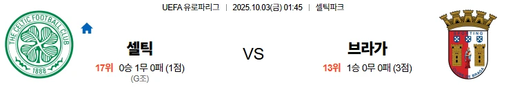 10월3일 01:45 셀틱 브라가 UEL 스포츠분석,스포츠중계