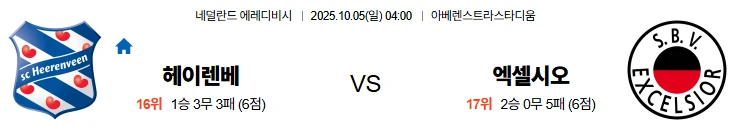 10월5일 04:00 헤렌벤 엑셀시오르 에레디비시 스포츠분석,스포츠중계