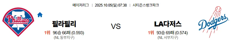 10월5일 07:38 필라델피아 LA다저스 MLB 스포츠분석,스포츠중계