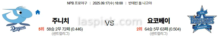 9월17일 18:00 주니치 요코하마 일본야구 스포츠분석 스포츠중계 토토사이트