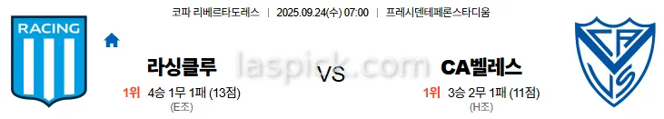 9월24일 07:00 라싱 CA벨레스 코파 스포츠분석 스포츠중계 토토사이트