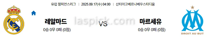 9월17일 04:00 레알마드리드 마르세유 UCL 스포츠분석 축알못 토토사이트