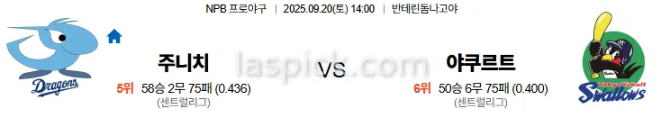 9월20일 14:00 주니치 야쿠르트 일본야구 스포츠분석 스포츠중계 토토사이트