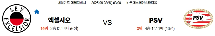 9월28일 03:00 엑셀시오르 PSV 에레디비시 스포츠분석,스포츠중계