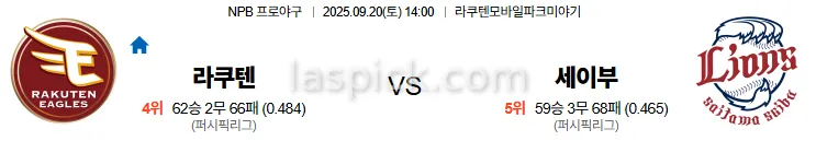 9월20일 14:00 라쿠텐 세이부 일본야구 스포츠분석 스포츠중계 토토사이트