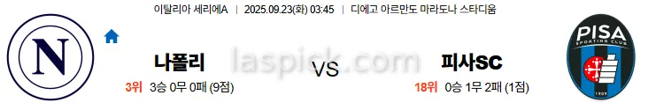 9월23일 03:45 나폴리 피사SC 세리에A 스포츠분석 스포츠중계 토토사이트