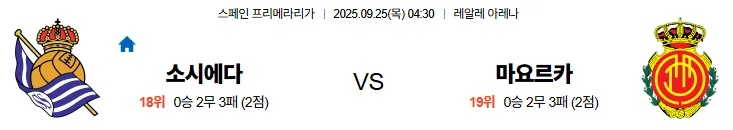 9월25일 04:30 소시에다드 마요르카 라리가 스포츠분석 스포츠중계 토토사이트