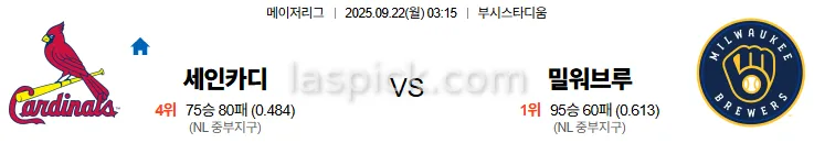 9월22일 03:15 세인트루이스 밀워키 MLB 스포츠분석 스포츠중계 토토사이트