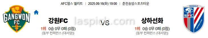 9월16일 19:00 강원FC 상하이선화 AFC챔스 스포츠분석 축알못 토토사이트
