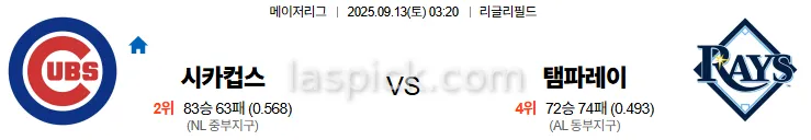 9월13일 03:20 시카고컵스 탬파베이 MLB 스포츠분석 축알못 토토사이트
