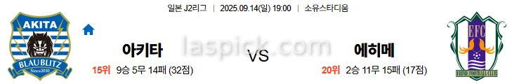 9월14일 19:00 아키타 에히메 J2리그 스포츠분석 축알못 토토사이트