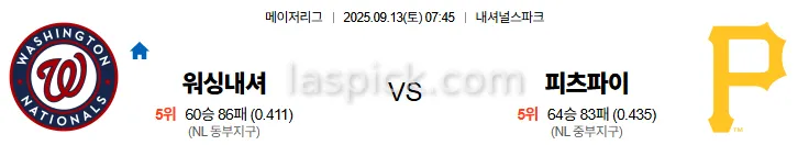 9월13일 07:45 워싱턴 피츠버그 MLB 스포츠분석 축알못 토토사이트