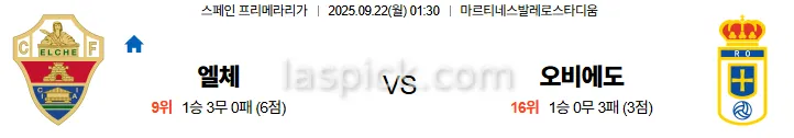 9월22일 01:30 엘체 오비에도 라리가 스포츠분석 스포츠중계 토토사이트