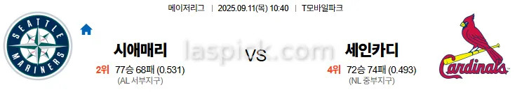 9월11일 10:40 시애틀 세인트루이스 MLB 스포츠분석 축알못 토토사이트