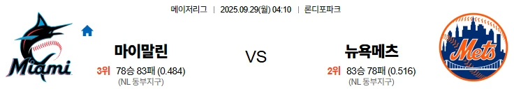 9월29일 04:10 마이애미 뉴욕메츠 MLB 스포츠분석,스포츠중계
