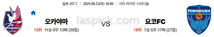 9월23일 18:00 오카야마 요코하마FC J리그 스포츠분석 스포츠중계 토토사이트