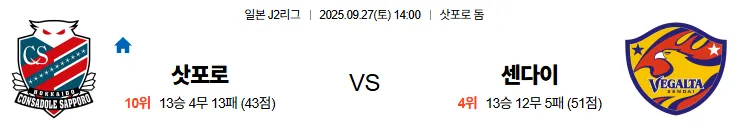 9월27일 14:00 삿포로 센다이 J2리그 스포츠분석,스포츠중계