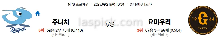 9월21일 13:30 주니치 요미우리 일본야구 스포츠분석 스포츠중계 토토사이트
