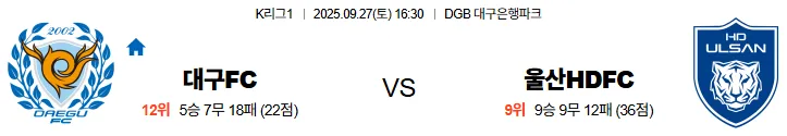 9월27일 16:30 대구FC 울산현대 K리그1 스포츠분석,스포츠중계