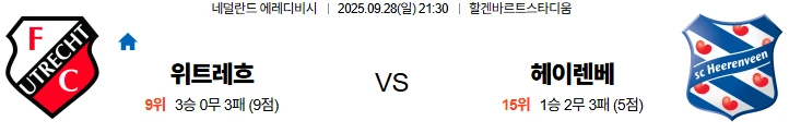 9월28일 21:30 위트레흐트 헤렌벤 에레디비시 스포츠분석,스포츠중계