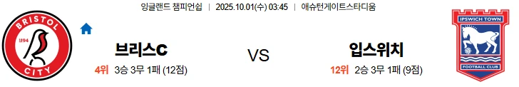 10월1일 03:45 브리스톨시티 입스위치 EFL 스포츠분석,스포츠중계