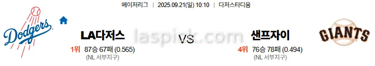 9월21일 10:10 LA다저스 샌프란시스코 MLB 스포츠분석 스포츠중계 토토사이트
