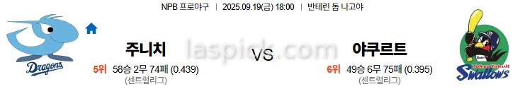 9월19일 19:00 주니치 야쿠르트 일본야구 스포츠분석 스포츠중계 토토사이트
