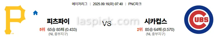 9월16일 07:40 피츠버그 시카고컵스 MLB 스포츠분석 축알못 토토사이트