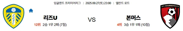 9월27일 23:00 리즈 본머스 EPL 스포츠분석,스포츠중계