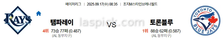 9월17일 08:35 탬파베이 토론토 MLB 스포츠분석 축알못 토토사이트