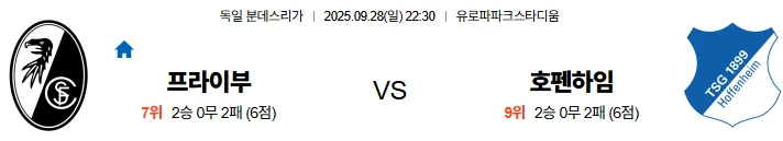 9월28일 22:30 프라이부르크 호펜하임 분데스리가 스포츠분석,스포츠중계