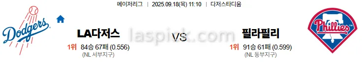 9월18일 11:10 LA다저스 필라델피아 MLB 스포츠분석 스포츠중계 토토사이트