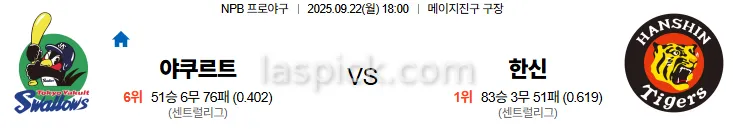 9월22일 18:00 야쿠르트 한신 일본야구 스포츠분석 스포츠중계 토토사이트