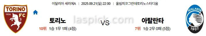 9월21일 22:00 토리노 아탈란타 세리에A 스포츠분석 스포츠중계 토토사이트