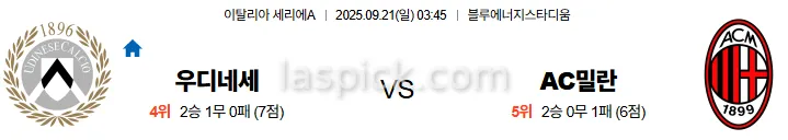 9월21일 03:45 우디네세 AC밀란 세리에A 스포츠분석 스포츠중계 토토사이트
