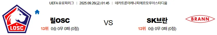 릴 VS 브란 유로파 스포츠분석 및 추천픽