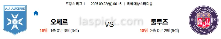 9월22일 00:15 오세르 툴루즈 리그1 스포츠분석 스포츠중계 토토사이트