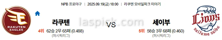 9월19일 18:00 라쿠텐 세이부 일본야구 스포츠분석 스포츠중계 토토사이트