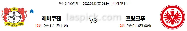 9월13일 03:30 레버쿠젠 프랑크푸르트 분데스리가 스포츠분석 축알못 토토사이트