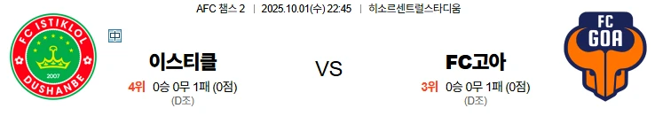 10월1일 22:45 이스티클 FC고아 ACL 스포츠분석,스포츠중계