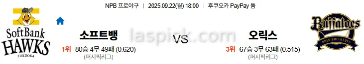 9월22일 18:00 소프트뱅크 오릭스 일본야구 스포츠분석 스포츠중계 토토사이트