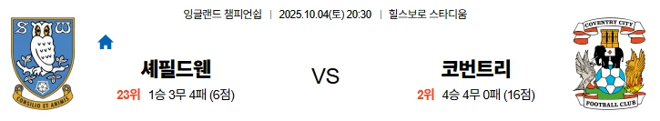 10월4일 20:30 셰필드웬즈데이 코번트리 EFL 스포츠분석,스포츠중계