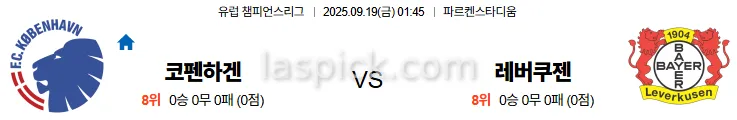 9월19일 01:45 코펜하겐 레버쿠젠 UCL 스포츠분석 스포츠중계 토토사이트