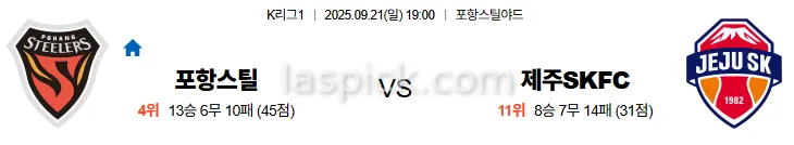 9월21일 19:00 포항스틸러스 제주SK K리그1 스포츠분석 스포츠중계 토토사이트