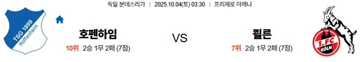 10월4일 03:30 호펜하임 쾰른 분데스리가 스포츠분석,스포츠중계