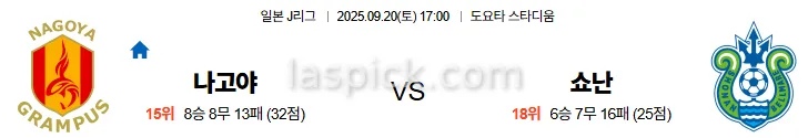 9월20일 17:00 나고야 쇼난 J리그 스포츠분석 스포츠중계 토토사이트