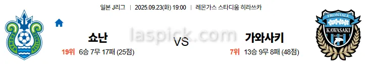 9월23일 19:00 쇼난 가와사키 J리그 스포츠분석 스포츠중계 토토사이트