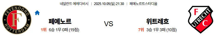 10월5일 21:30 페예노르트 위트레흐트 에레디비시 스포츠분석,스포츠중계