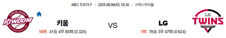 9월9일 18:30 키움 LG KBO 국내야구 스포츠분석 축알못 토토사이트