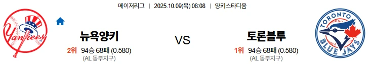 10월9일 08:08 뉴욕양키스 토론토 MLB 스포츠분석,스포츠중계